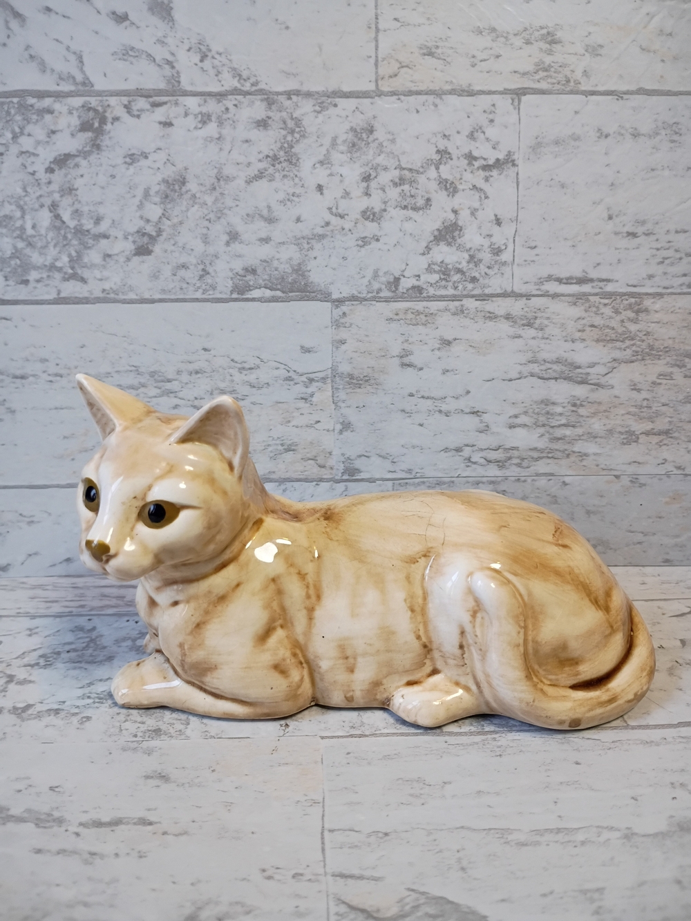 Vintage MCM Beige and Brown Glazed Ceramic Cat Sculpture Japan